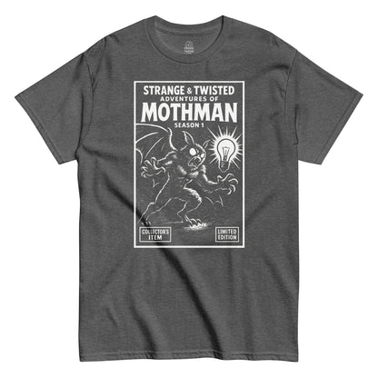 Vintage cryptid parody T-shirt in dark heather gray with comic book style Mothman Adventures artwork, Strange and Twisted Apparel