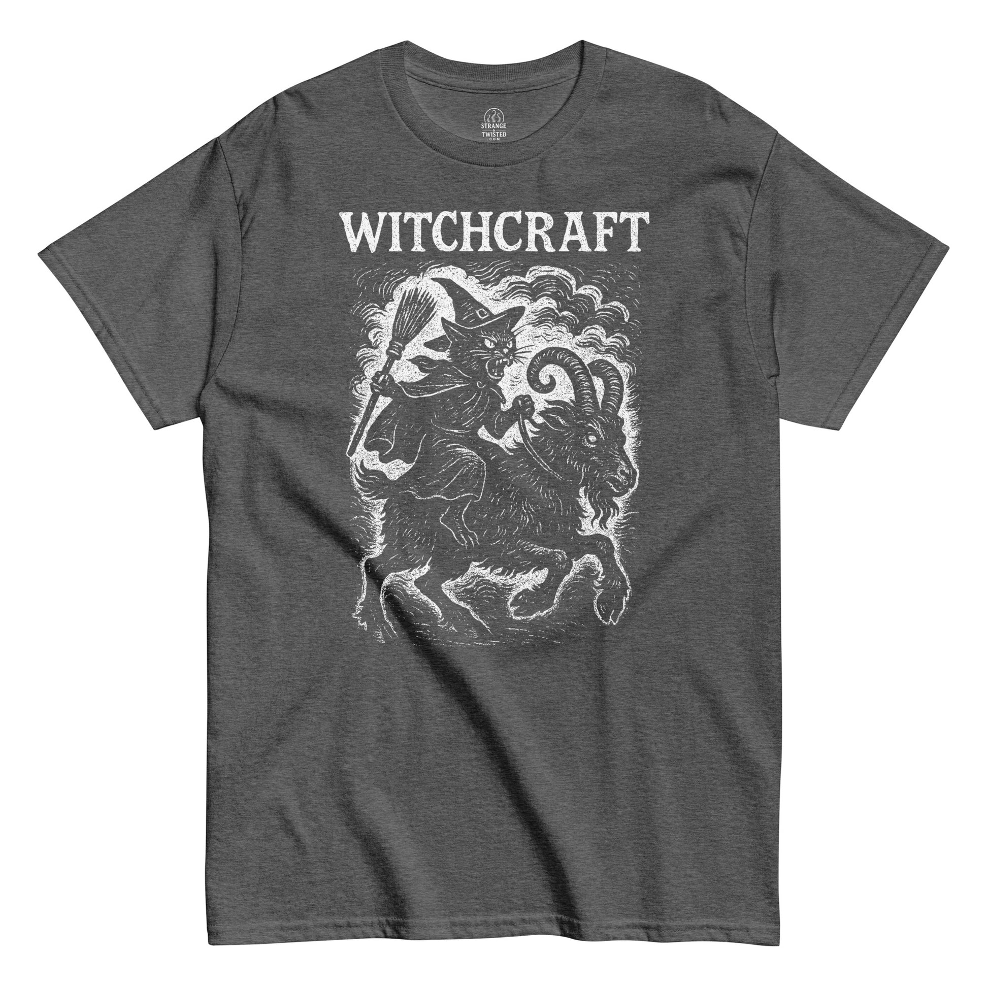 Occult vintage T-shirt in dark heather featuring witchcraft cat riding goat illustration with gothic style artwork, By StrangeAndTwisted.Com