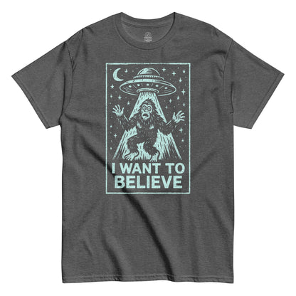 Retro cryptid T-shirt in dark heather with Bigfoot UFO artwork, I Want To Believe alien conspiracy parody, Strange and Twisted Apparel