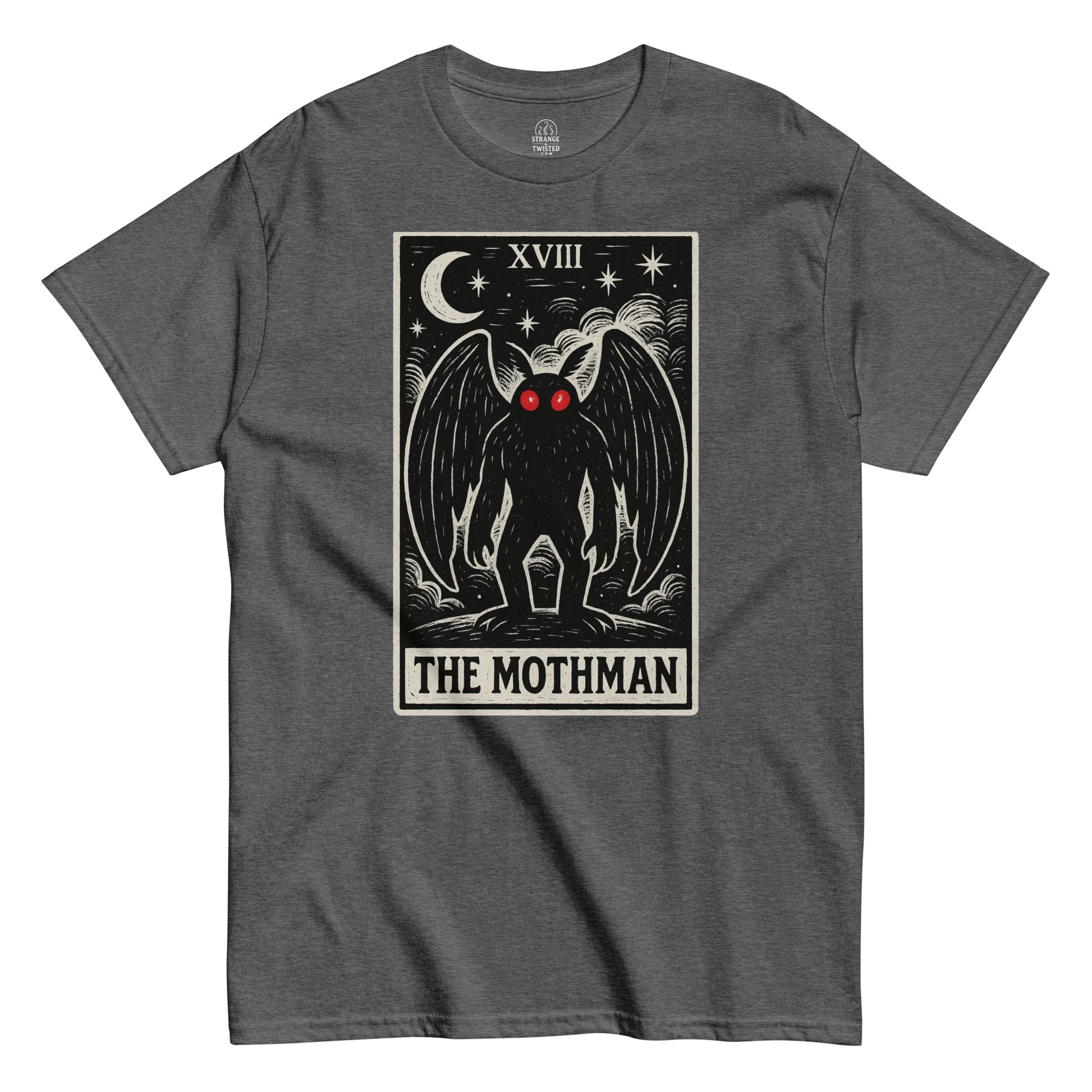 Gothic cryptid T-shirt in dark heather featuring Mothman tarot card design with occult moon and red eyes, By StrangeAndTwisted.Com
