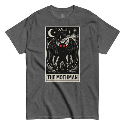 Gothic cryptid T-shirt in dark heather featuring Mothman tarot card design with occult moon and red eyes, By StrangeAndTwisted.Com