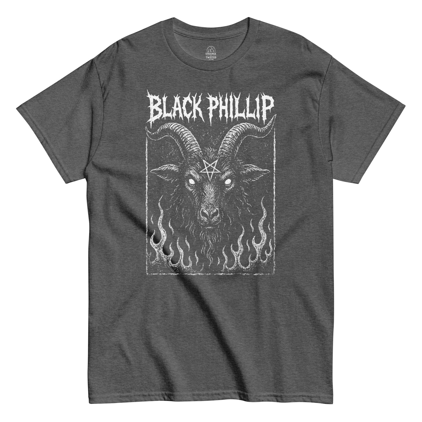 Gothic witchcraft T-shirt in dark heather gray with Black Phillip satanic goat flame artwork, Strange and Twisted Apparel