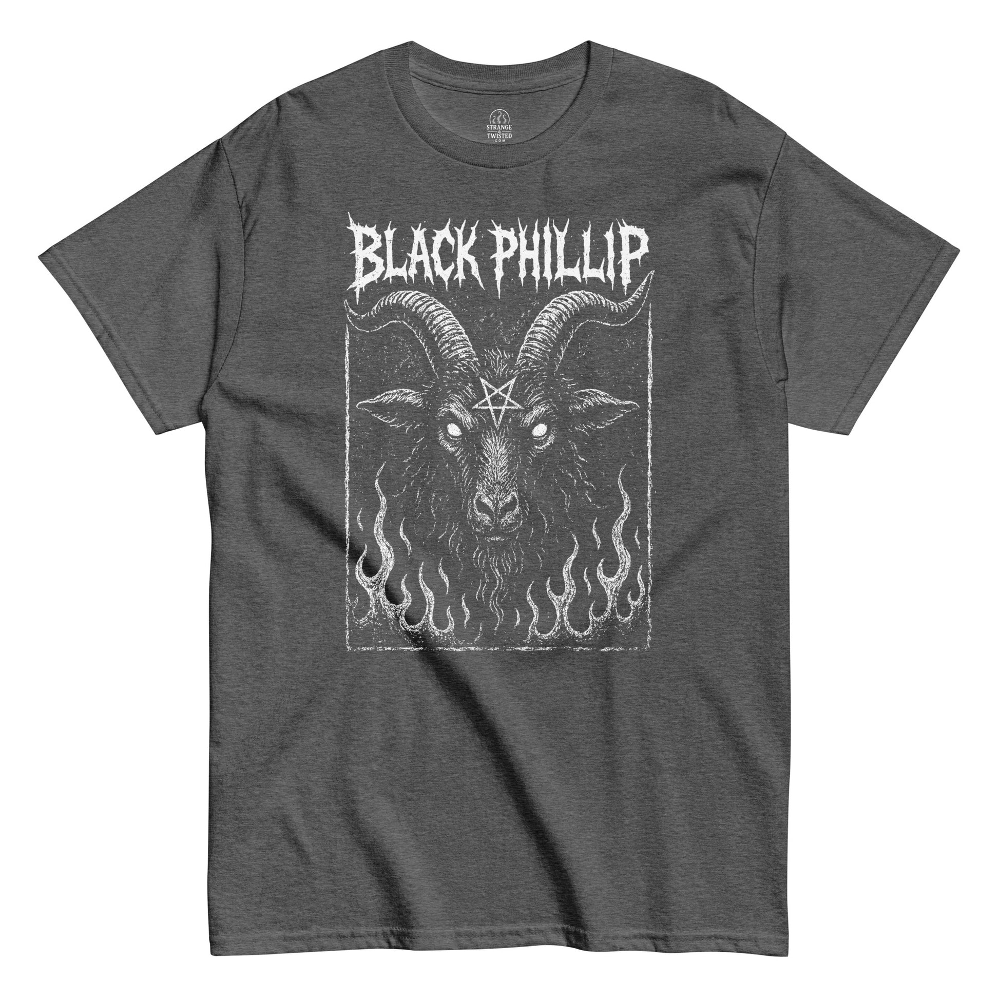 Gothic witchcraft T-shirt in dark heather gray with Black Phillip satanic goat flame artwork, Strange and Twisted Apparel