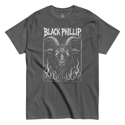 Gothic witchcraft T-shirt in dark heather gray with Black Phillip satanic goat flame artwork, Strange and Twisted Apparel