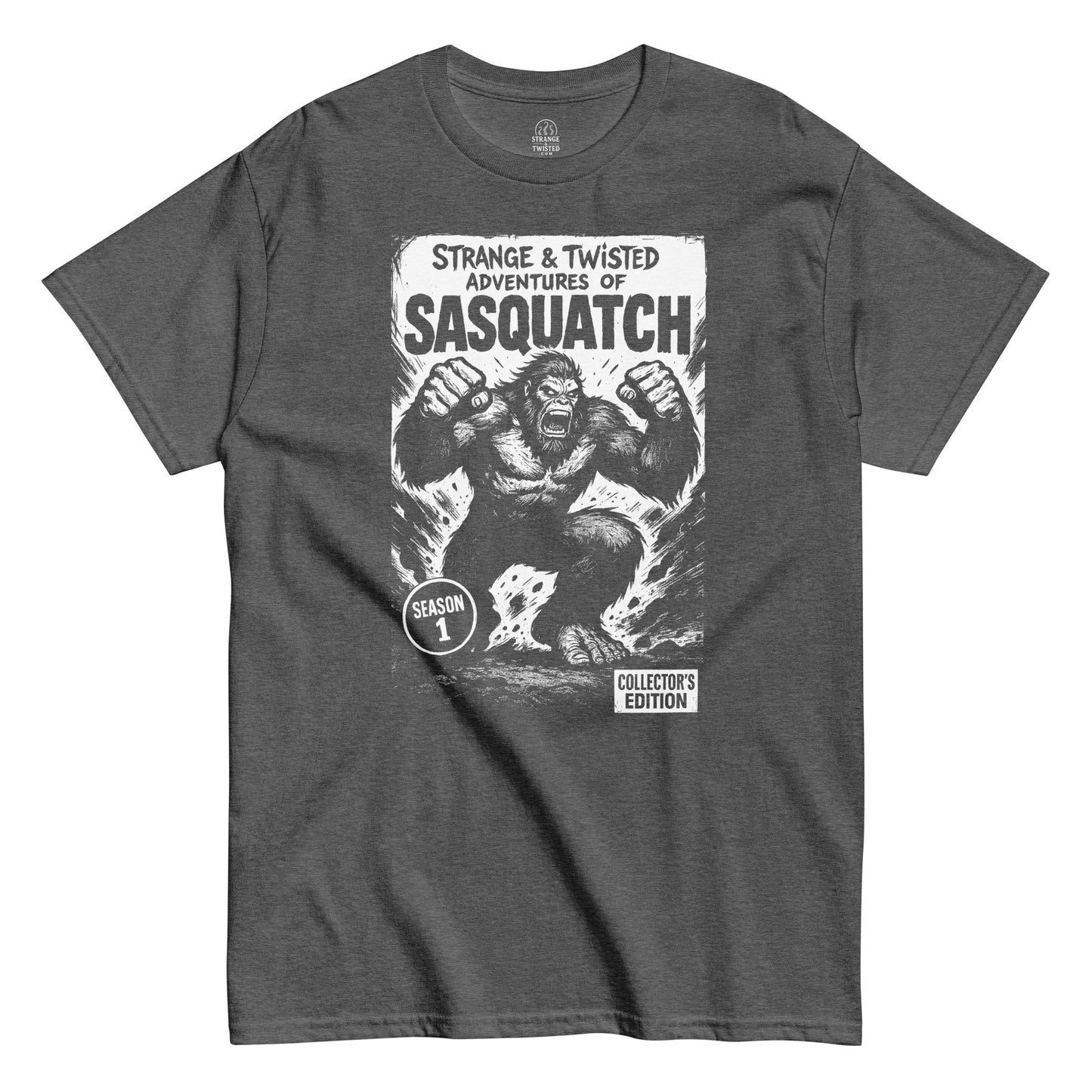 Retro cryptid T-shirt featuring Sasquatch comic book style illustration, vintage collector’s edition parody design, by strangeandtwisted.com