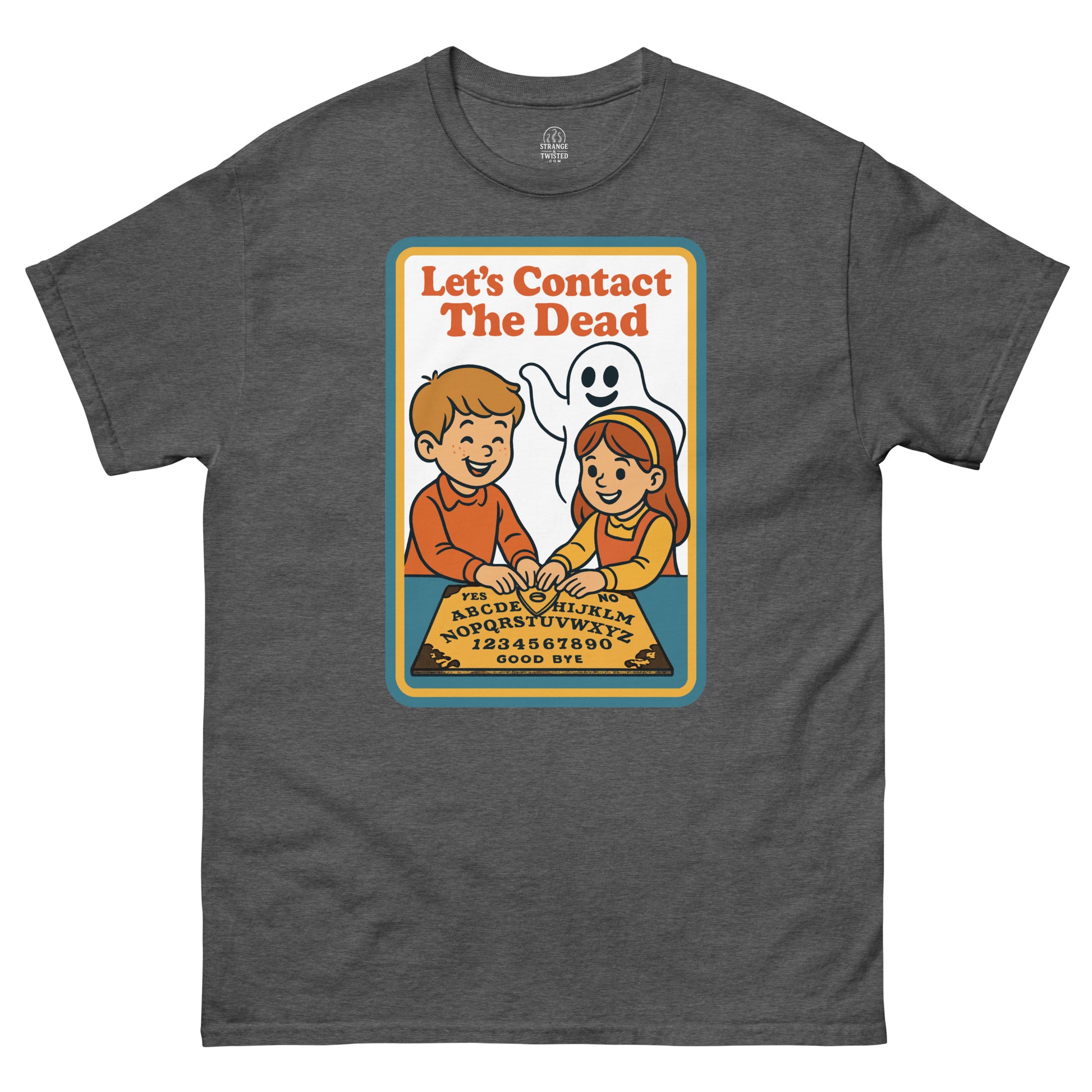 Retro occult humor T-shirt in dark gray, Let’s Contact The Dead parody with kids using ouija board, Strangeandtwisted.com