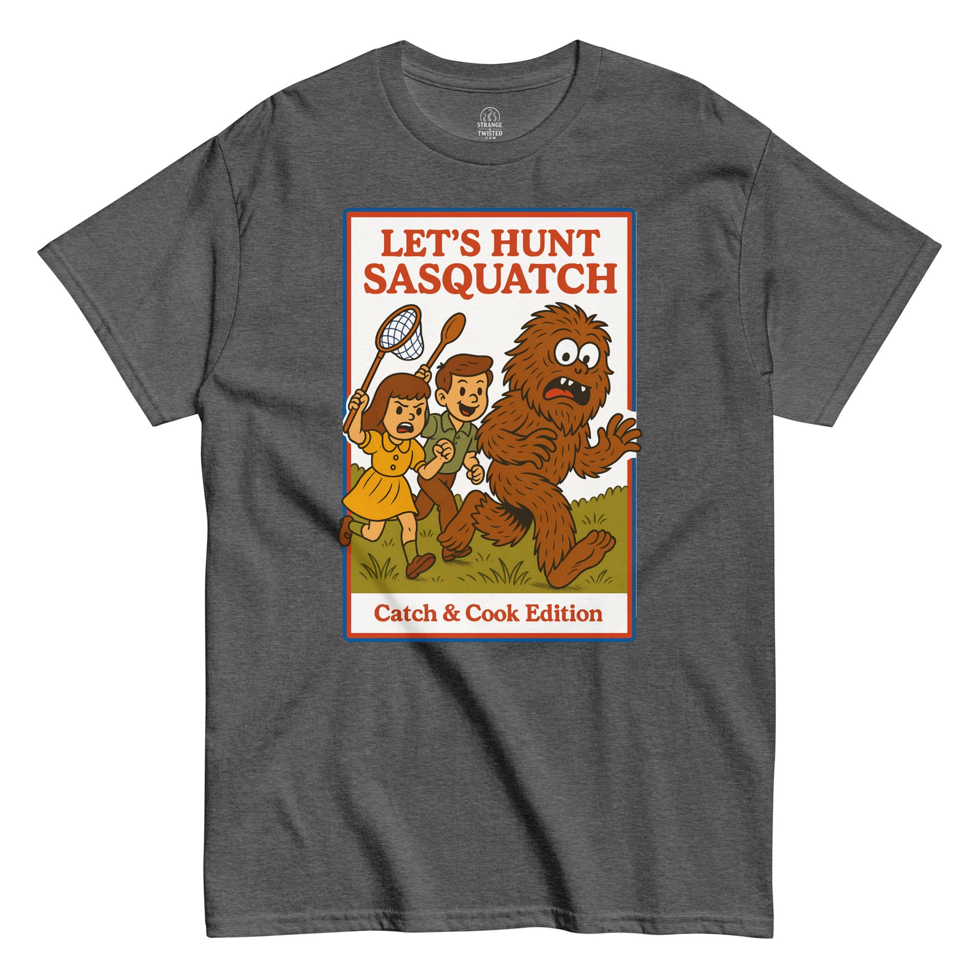 Grey Let’s Hunt Sasquatch Retro Parody T-Shirt front view, funny Bigfoot retro cryptid design, By strangeandtwisted.com