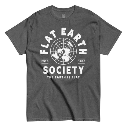 Grey Flat Earth Society T-Shirt front view, parody conspiracy design with map graphic, By strangeandtwisted.com