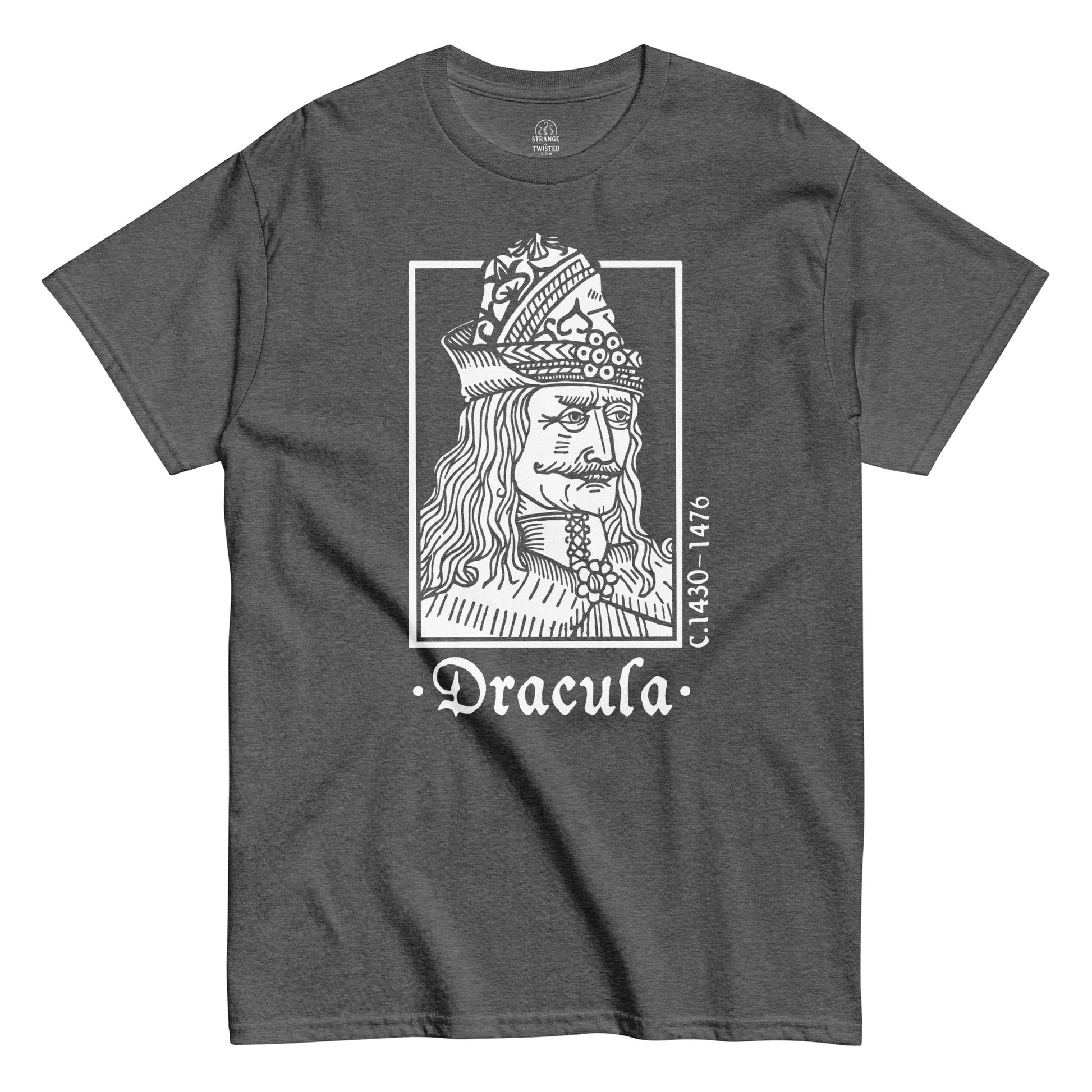 Grey Dracula Vlad the Impaler T-Shirt front view, gothic horror vampire design, By strangeandtwisted.com