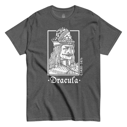 Grey Dracula Vlad the Impaler T-Shirt front view, gothic horror vampire design, By strangeandtwisted.com