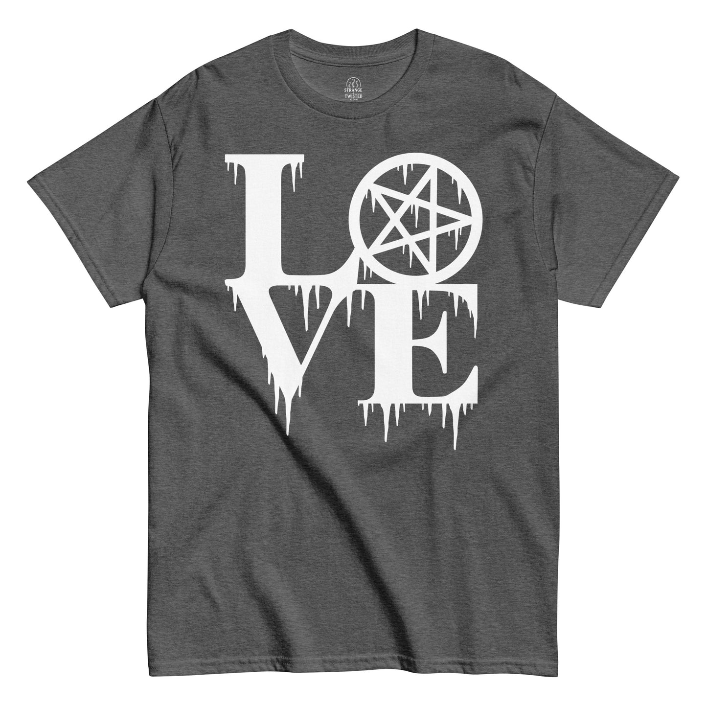 Grey LOVE Pentagram T-Shirt front view, gothic witchy dripping letters occult design, By strangeandtwisted.com