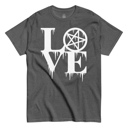 Grey LOVE Pentagram T-Shirt front view, gothic witchy dripping letters occult design, By strangeandtwisted.com
