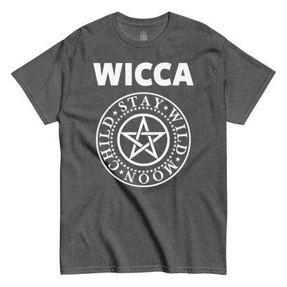 Grey Wicca Stay Wild Moon Child T-Shirt front view, witchy pentagram design with gothic lettering, By strangeandtwisted.com