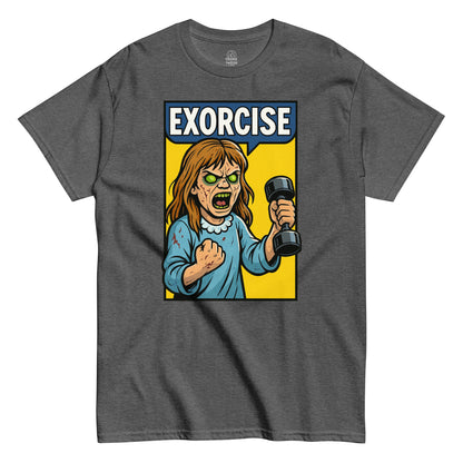 Grey Exorcise Possessed Girl T-Shirt front view, funny horror workout parody design, By strangeandtwisted.com