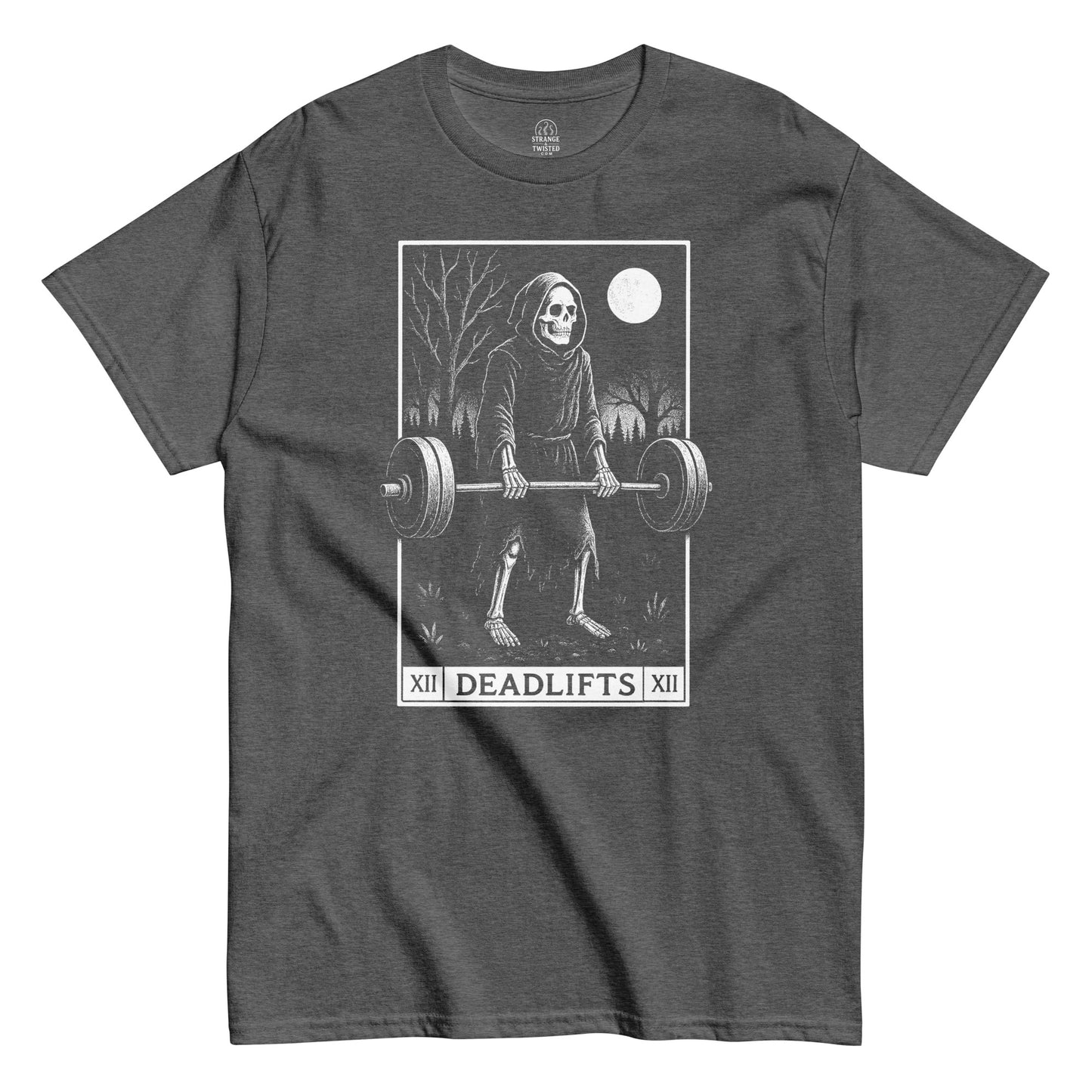 Grey Deadlifts Grim Reaper T-Shirt front view, horror tarot card gym parody design, By strangeandtwisted.com