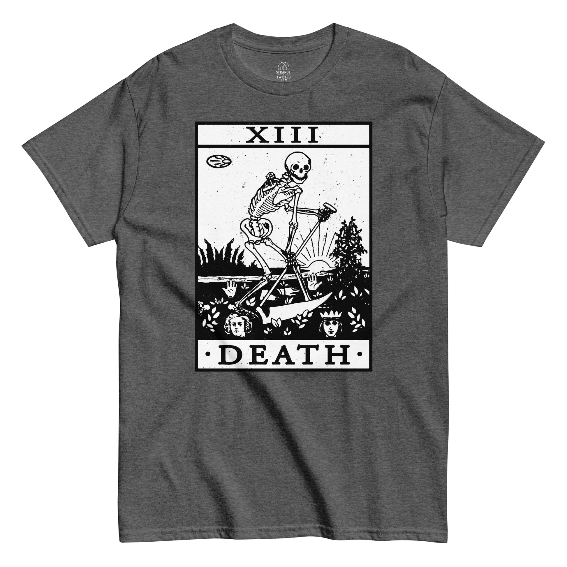 Grey Death Tarot Card T-Shirt front view, gothic occult skeleton symbolism design, By strangeandtwisted.com