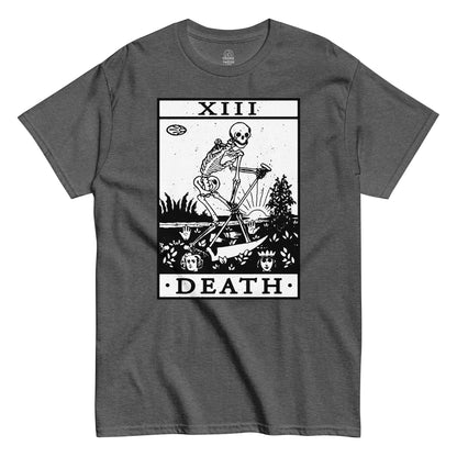 Grey Death Tarot Card T-Shirt front view, gothic occult skeleton symbolism design, By strangeandtwisted.com
