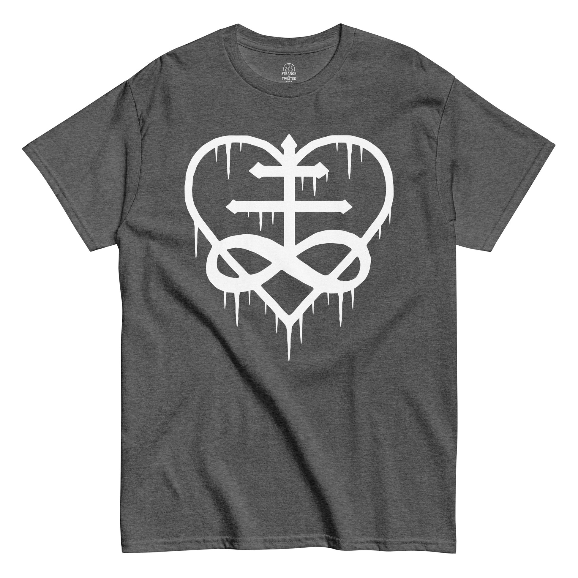 Grey Leviathan Cross Love Heart T-Shirt front view, gothic occult symbol design, By strangeandtwisted.com