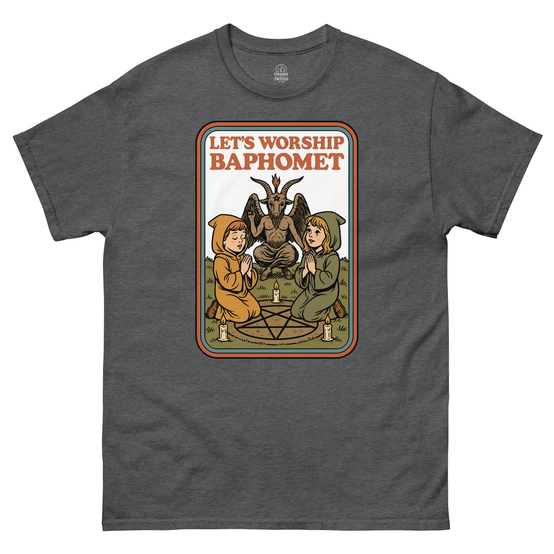 Grey Let’s Worship Baphomet T-Shirt front view, retro occult parody design with gothic artwork, By strangeandtwisted.com