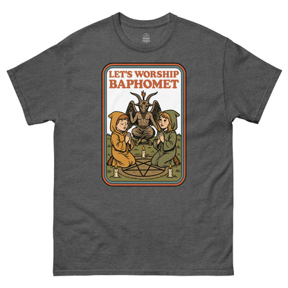 Grey Let’s Worship Baphomet T-Shirt front view, retro occult parody design with gothic artwork, By strangeandtwisted.com