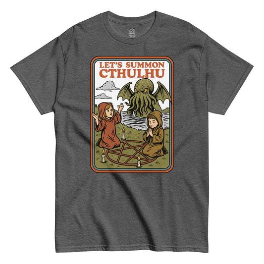 Grey Let’s Summon Cthulhu T-Shirt front view, retro Lovecraft parody design with gothic occult artwork, By strangeandtwisted.com