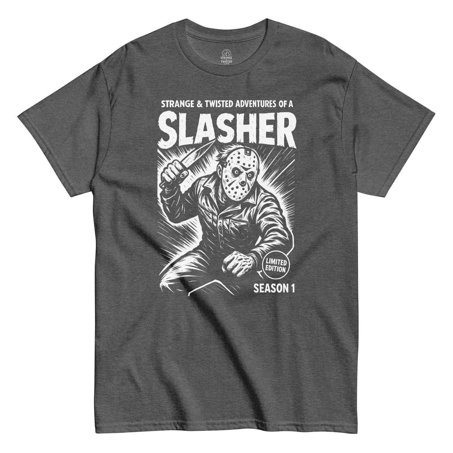 Strange & Twisted grey T-shirt with bold horror comic parody artwork of masked character in vintage style