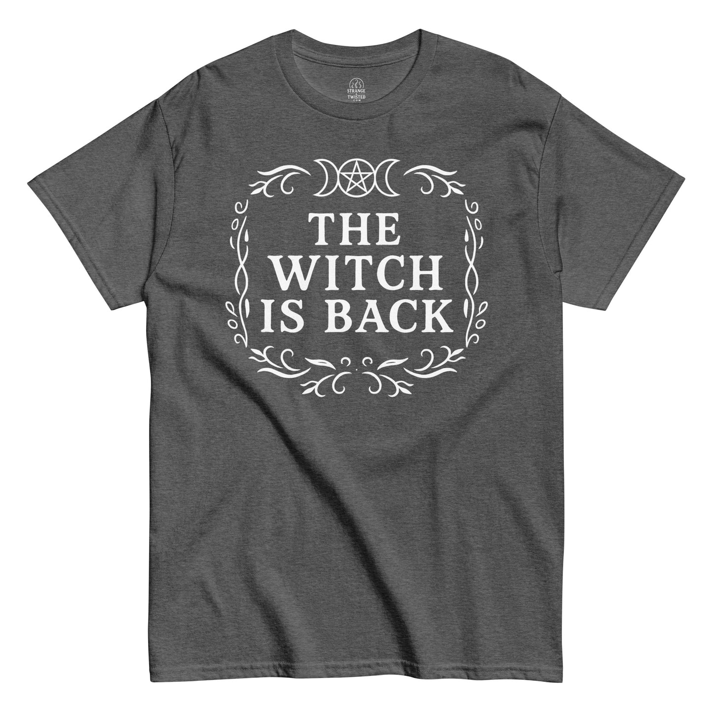 Strange & Twisted grey T-shirt featuring The Witch Is Back gothic print with triple moon goddess and decorative vines