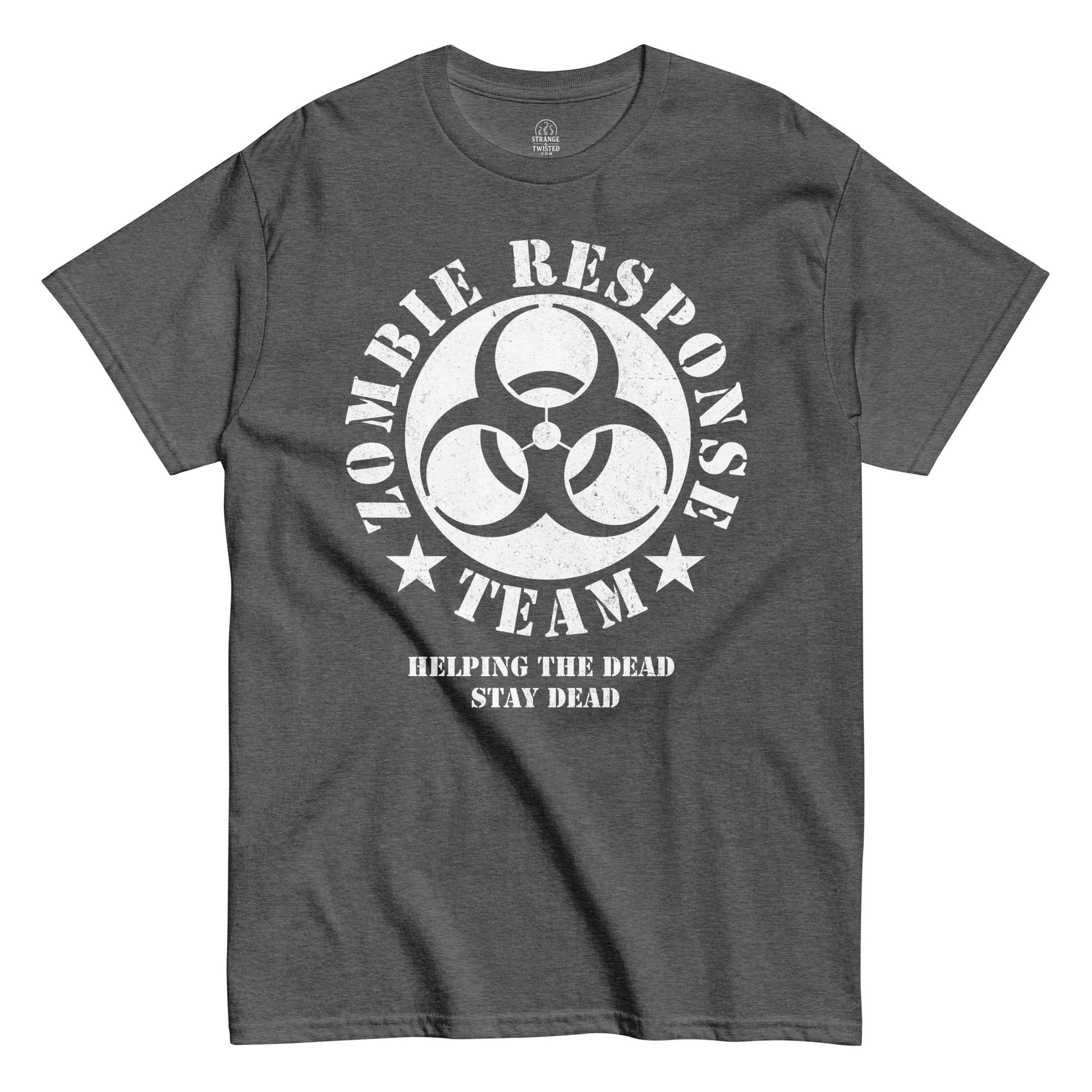 Strange & Twisted grey T-shirt with Zombie Response Team parody emblem and Helping the Dead Stay Dead slogan