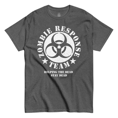 Strange & Twisted grey T-shirt with Zombie Response Team parody emblem and Helping the Dead Stay Dead slogan