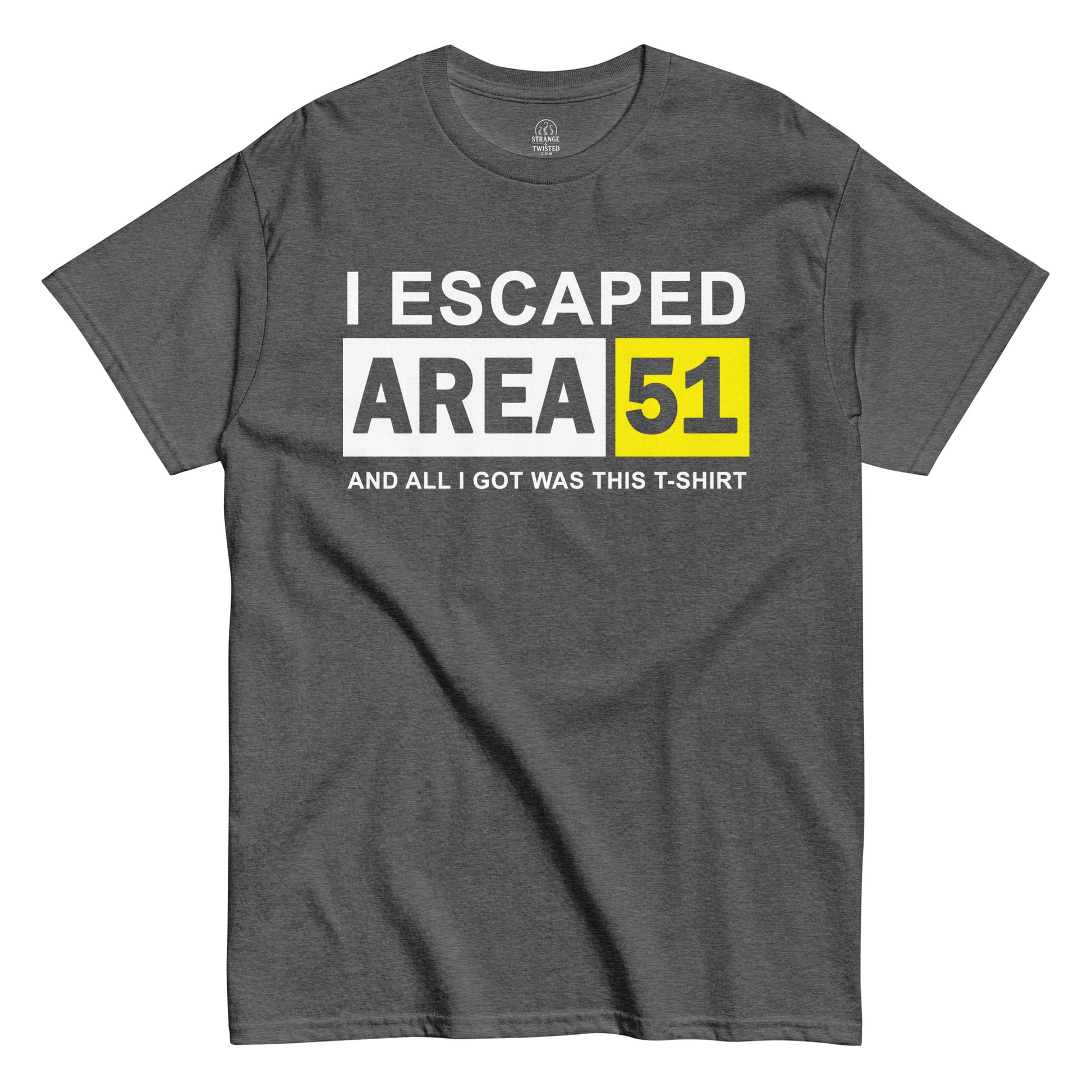 Strange & Twisted grey T-shirt with I Escaped Area 51 funny parody slogan and alien conspiracy humour design