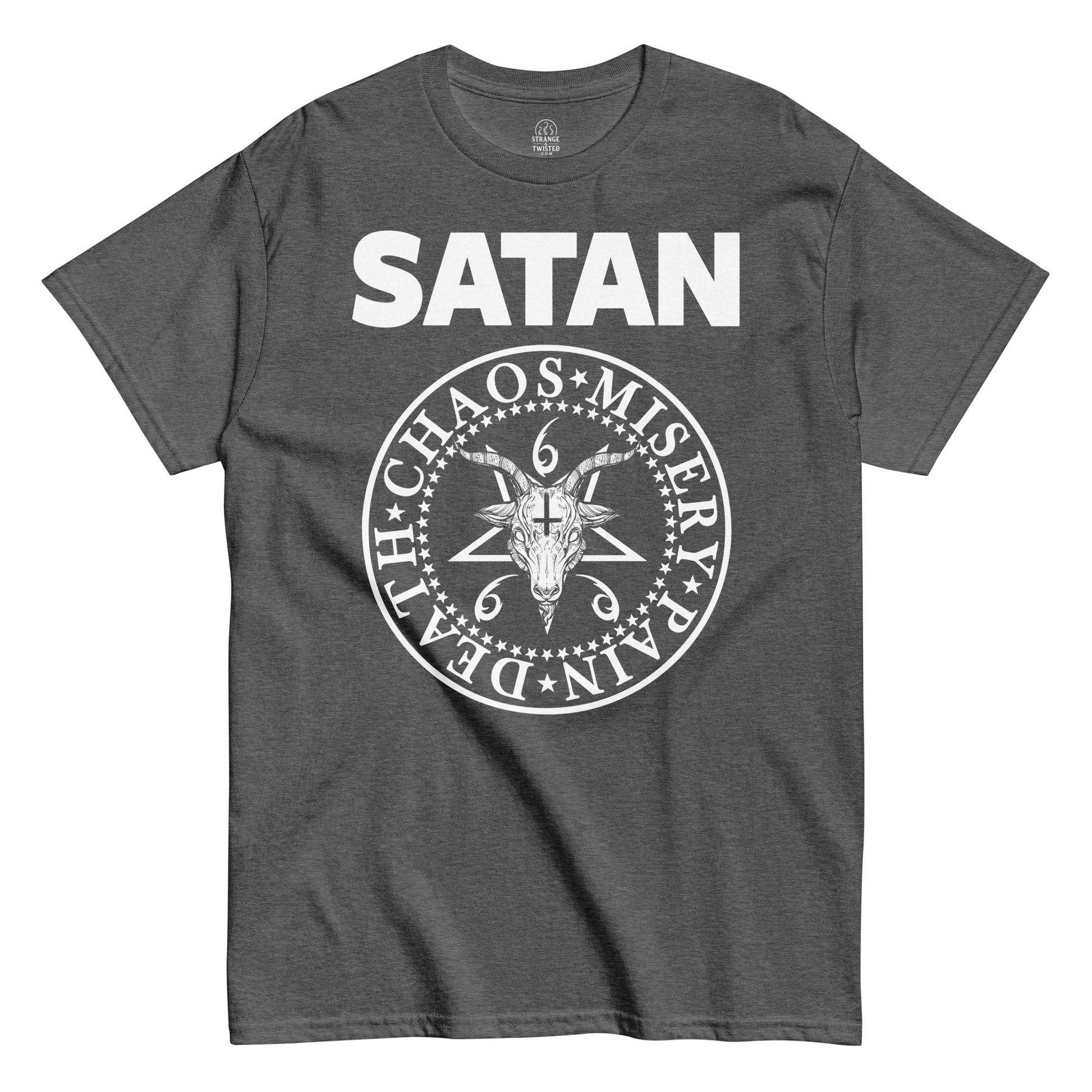 Strange & Twisted grey T-shirt with occult parody print showing pentagram symbol and goat head illustration