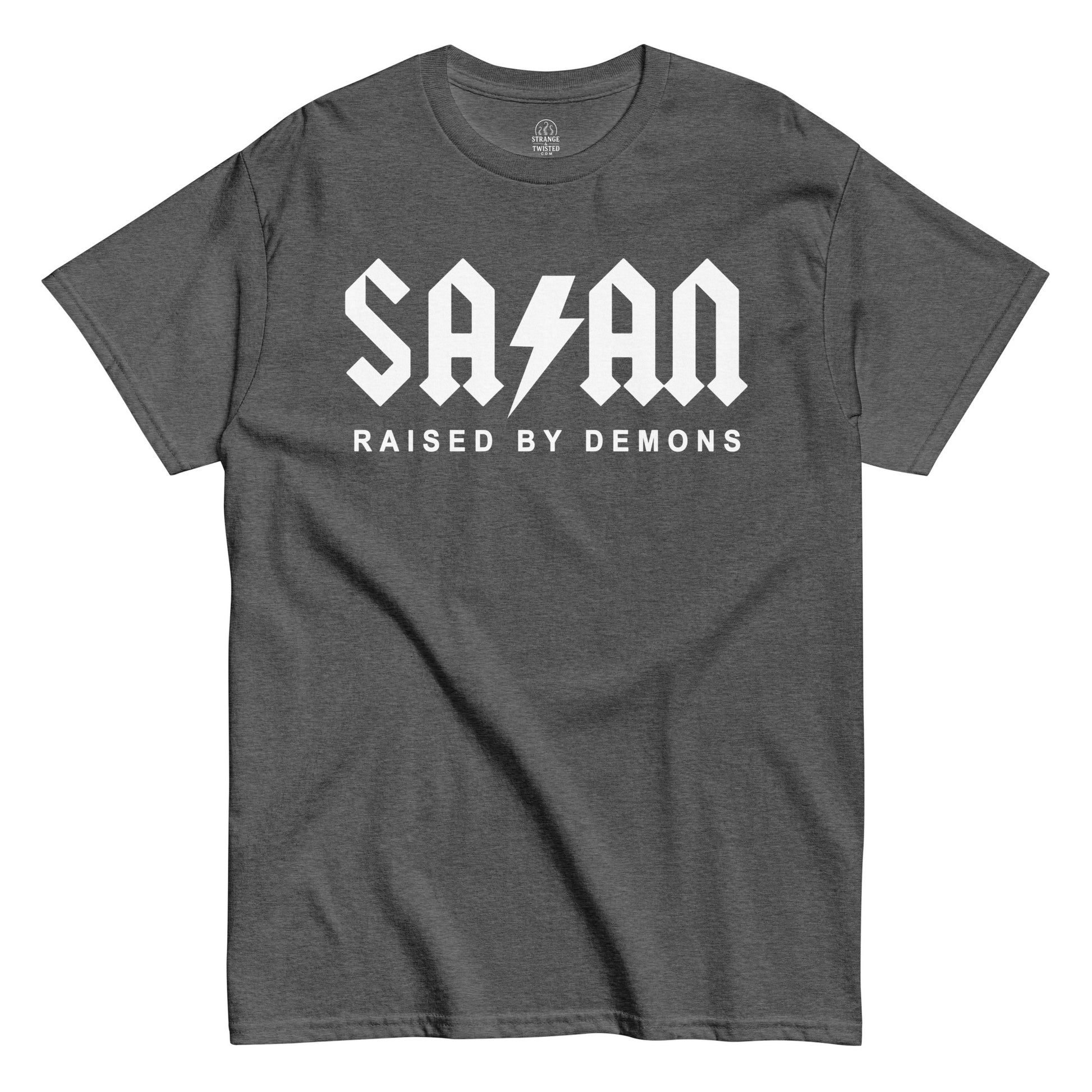 Strange & Twisted grey T-shirt with gothic parody print reading Satan Raised By Demons with lightning bolt design