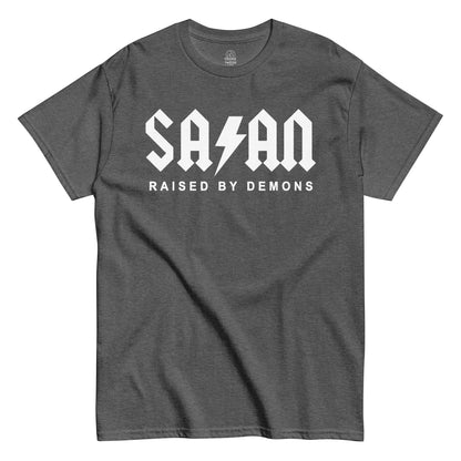 Strange & Twisted grey T-shirt with gothic parody print reading Satan Raised By Demons with lightning bolt design