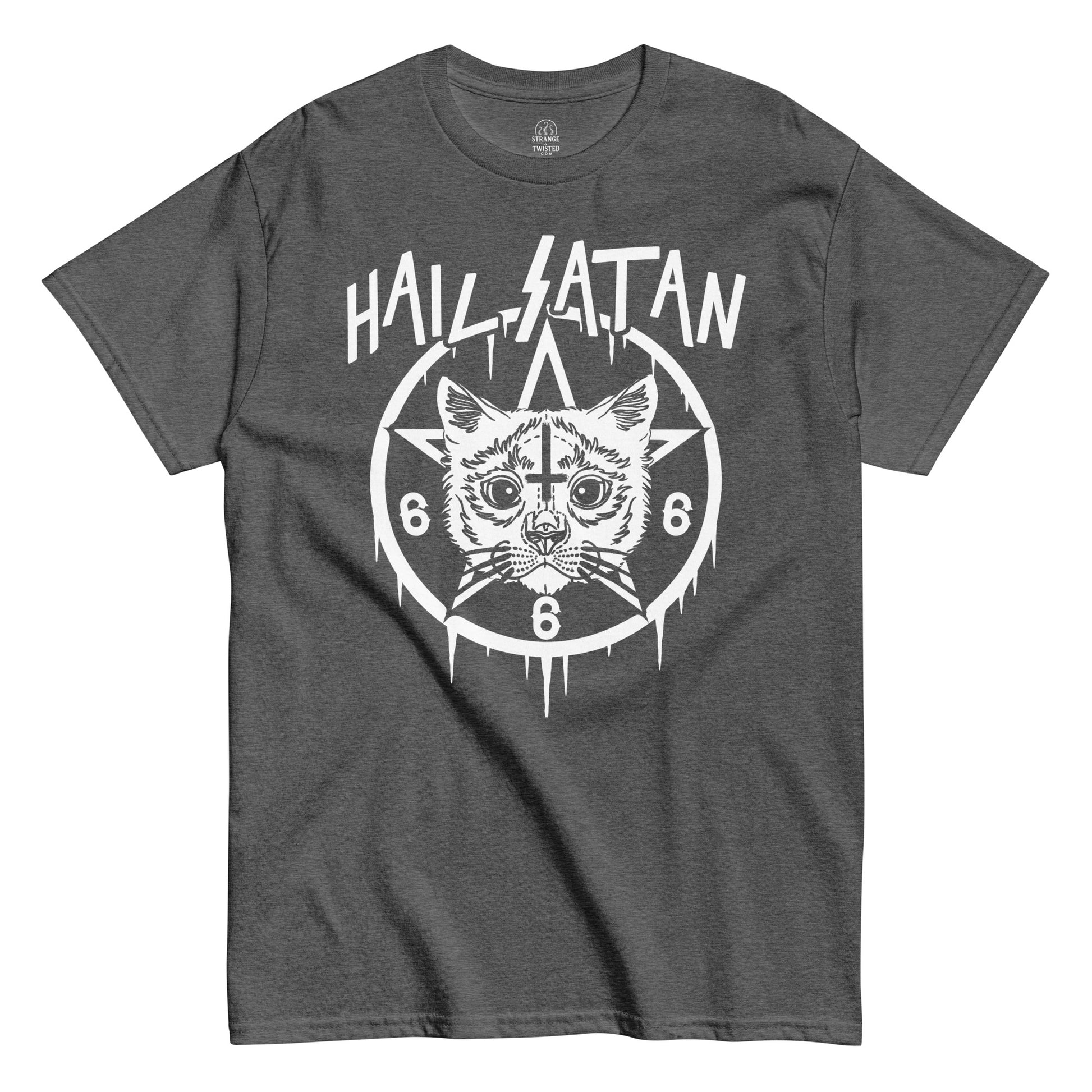 Strange & Twisted grey T-shirt featuring occult parody Hail Satan Cat design with dripping pentagram and gothic cat face