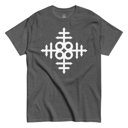 Strange & Twisted grey T-shirt featuring occult Leviathan Cross symbol in bold gothic white print