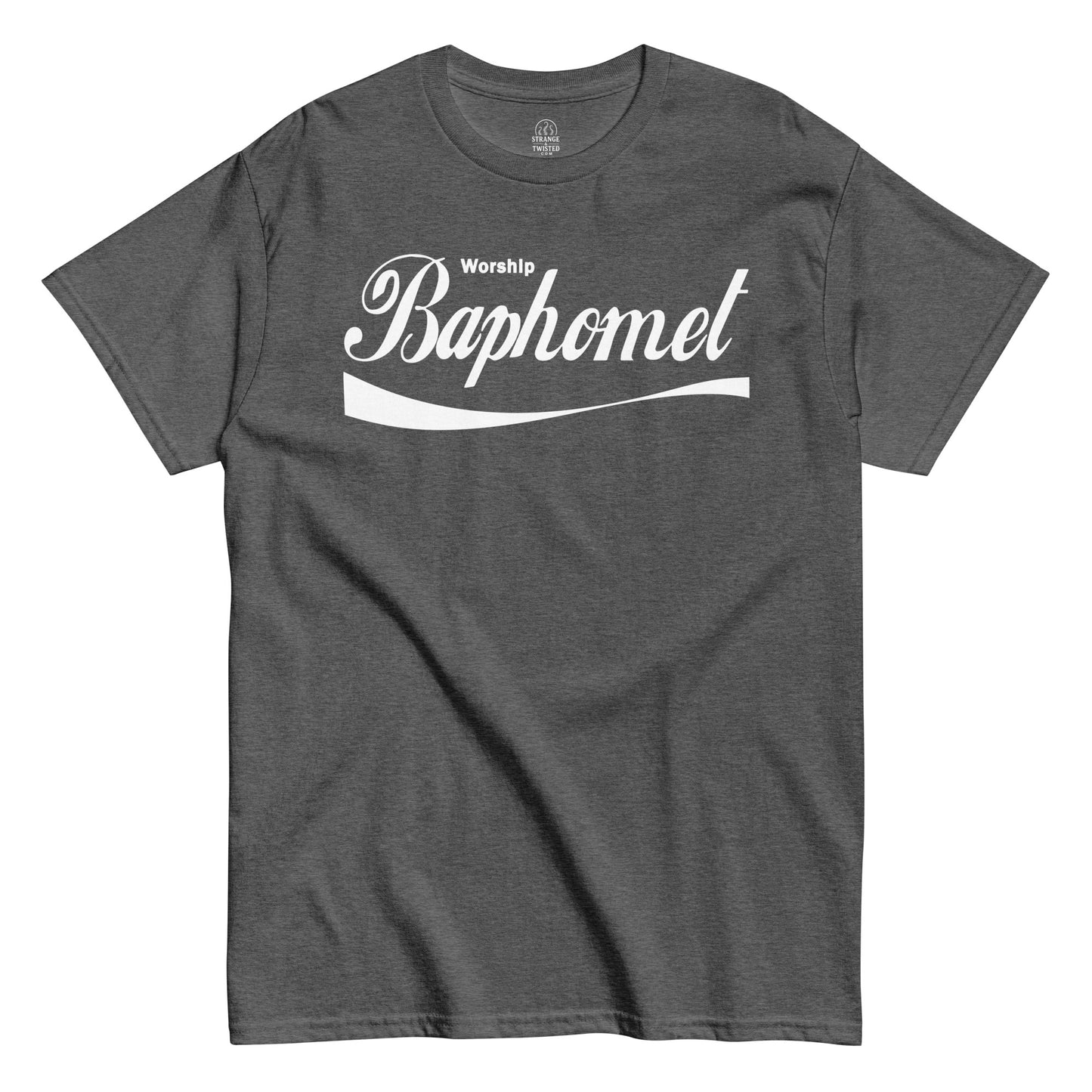 Strange And Twisted grey T-shirt featuring Worship Baphomet occult parody slogan in gothic script style