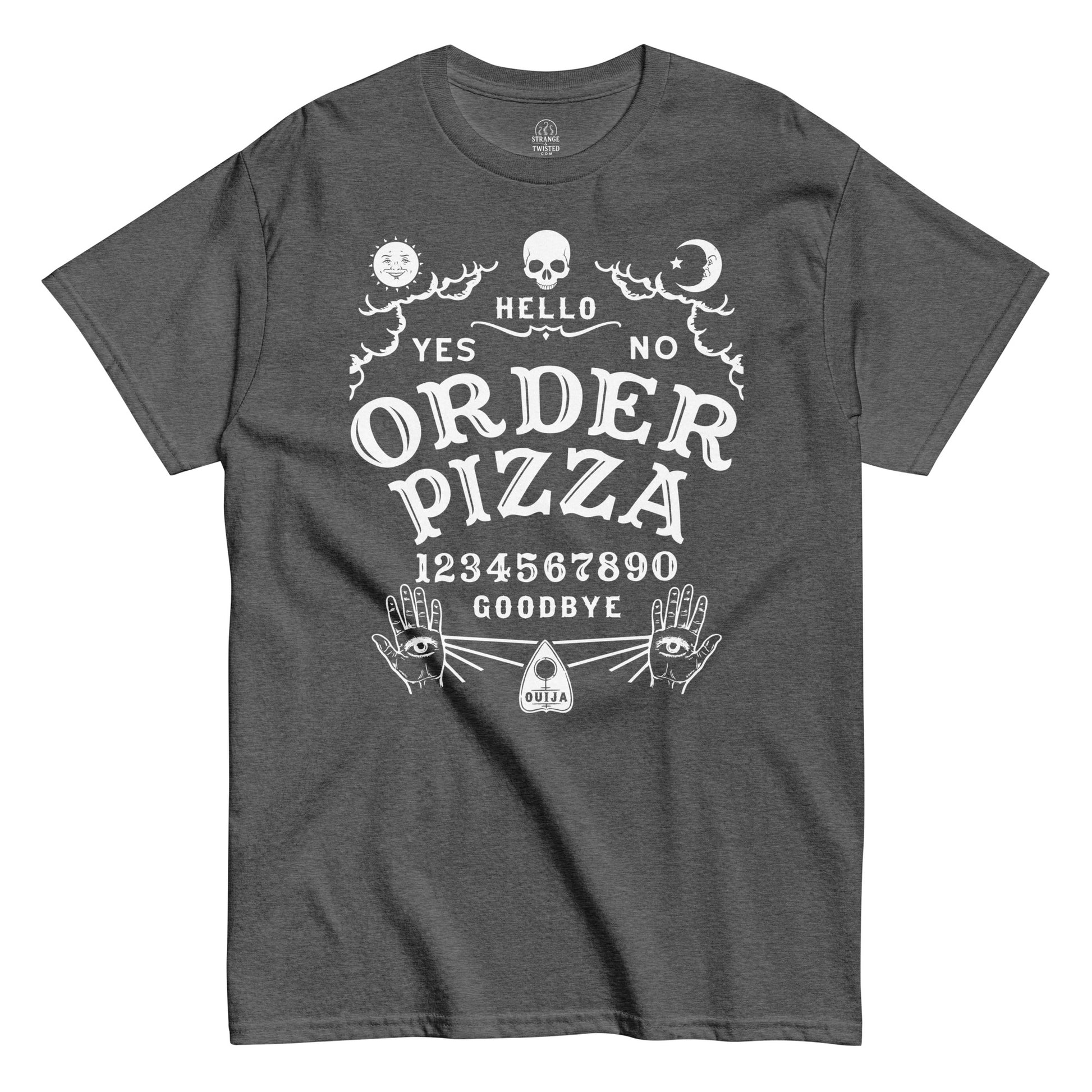 Strange & Twisted grey T-shirt featuring occult parody Ouija Board print with Order Pizza slogan and spooky symbols