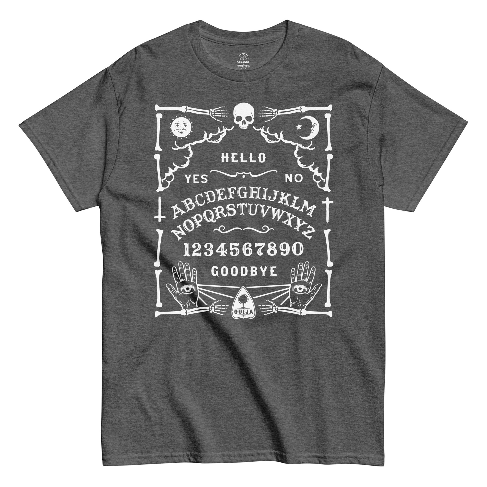 Strange & Twisted grey T-shirt featuring Ouija Board occult parody design with gothic symbols and spirit board layout