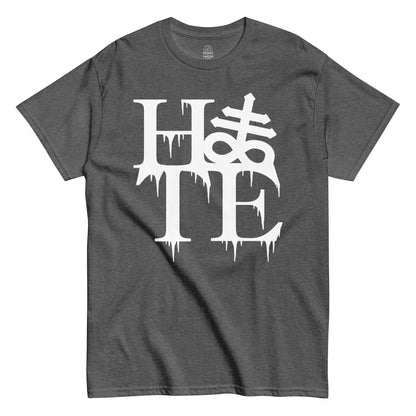 Strange & Twisted grey T-shirt with gothic Hate lettering and Leviathan Cross symbol dripping design