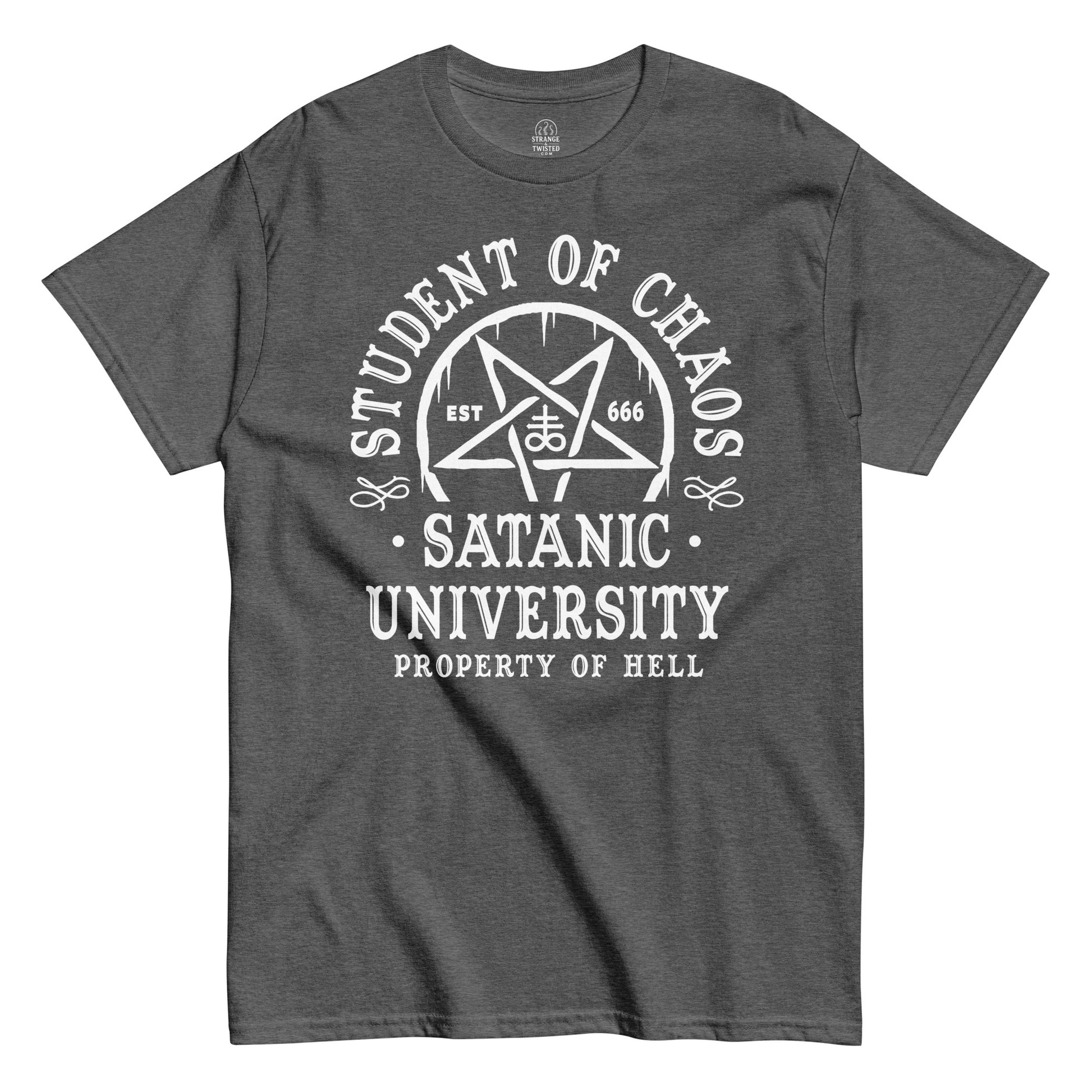 Strange & Twisted grey T-shirt with Satanic University parody gothic design featuring pentagram and Leviathan Cross