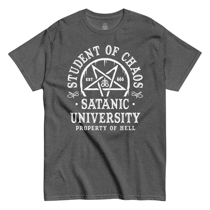 Strange & Twisted grey T-shirt with Satanic University parody gothic design featuring pentagram and Leviathan Cross