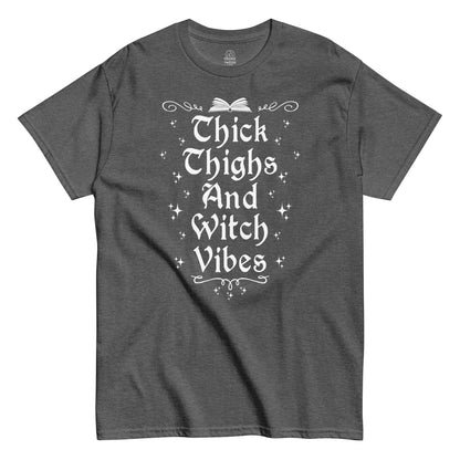 Strange & Twisted grey T-shirt with Thick Thighs And Witch Vibes body-positive witchcraft gothic design