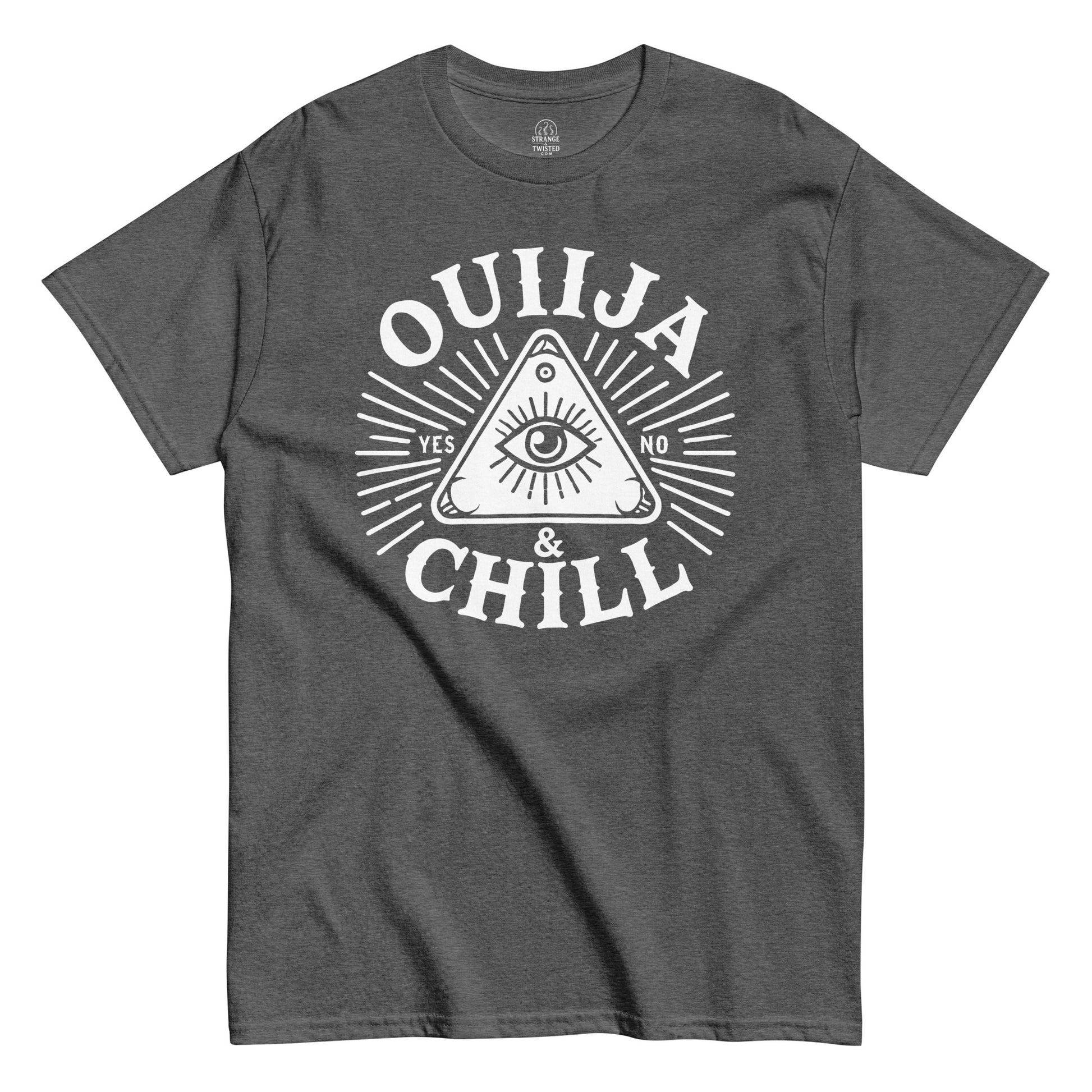 Grey Ouija and Chill T-shirt with occult planchette eye and parody lettering design