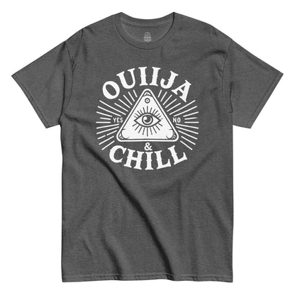 Grey Ouija and Chill T-shirt with occult planchette eye and parody lettering design