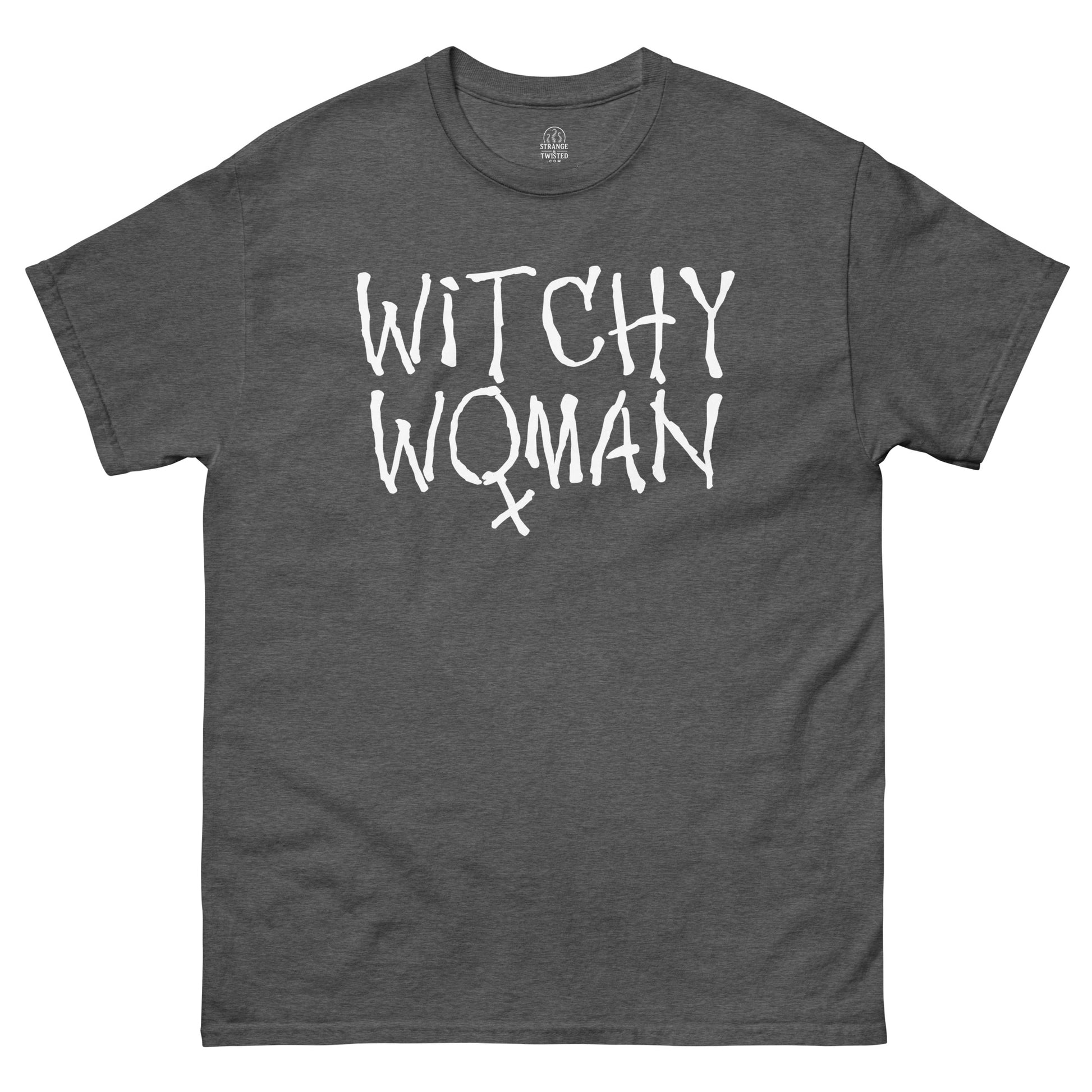 Witchy Woman T-shirt grey front with occult gothic witch lettering