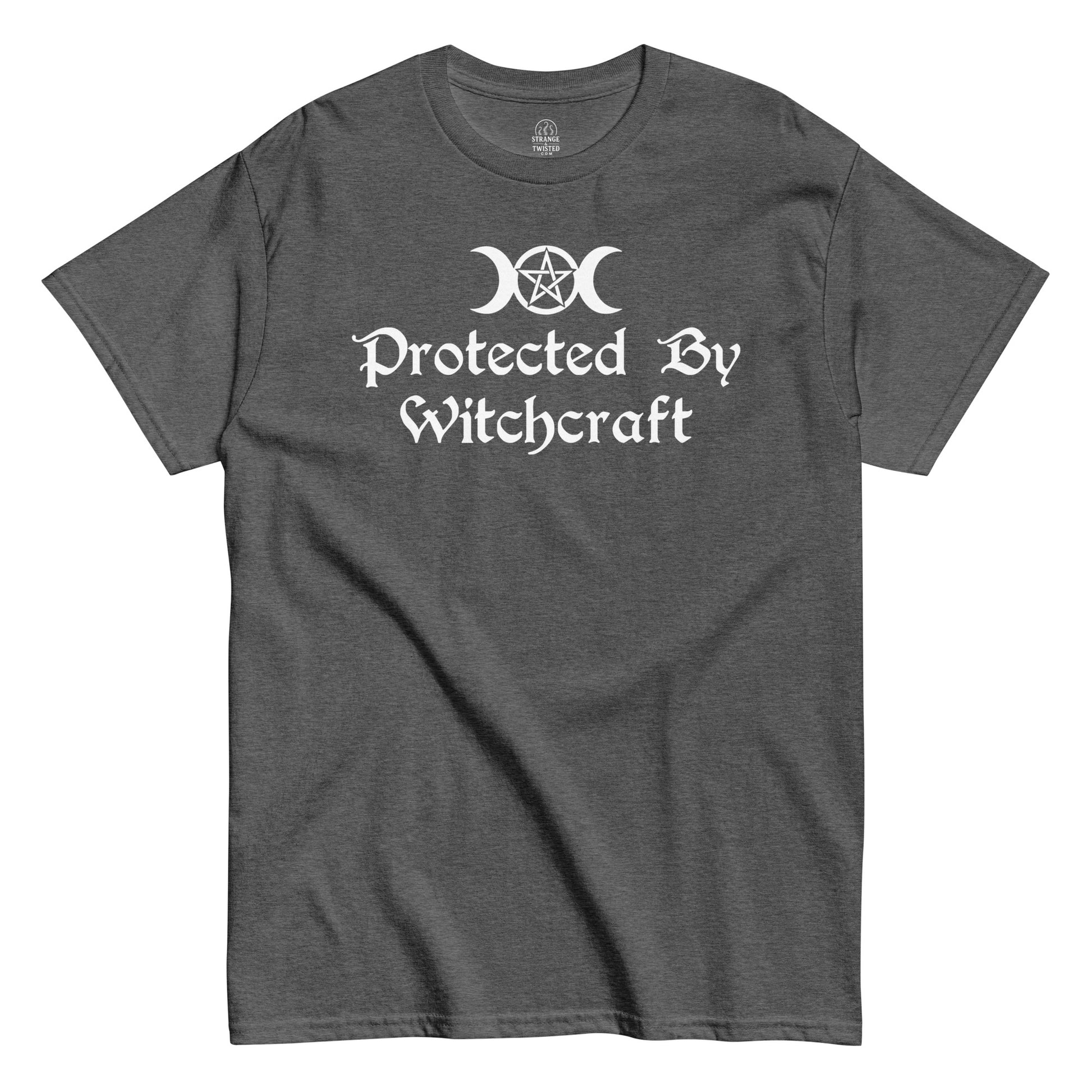 Front grey Protected By Witchcraft Wiccan shirt with Triple Moon Goddess Strange And Twisted