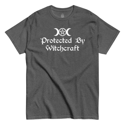 Front grey Protected By Witchcraft Wiccan shirt with Triple Moon Goddess Strange And Twisted