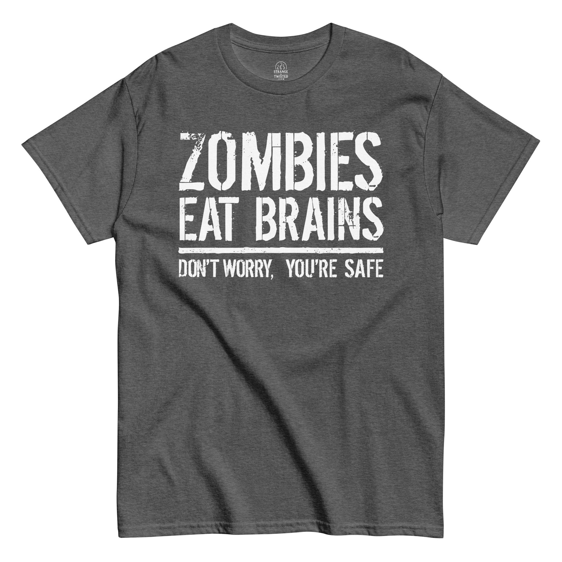 Front grey Zombies Eat Brains horror humor T-shirt by Strange & Twisted