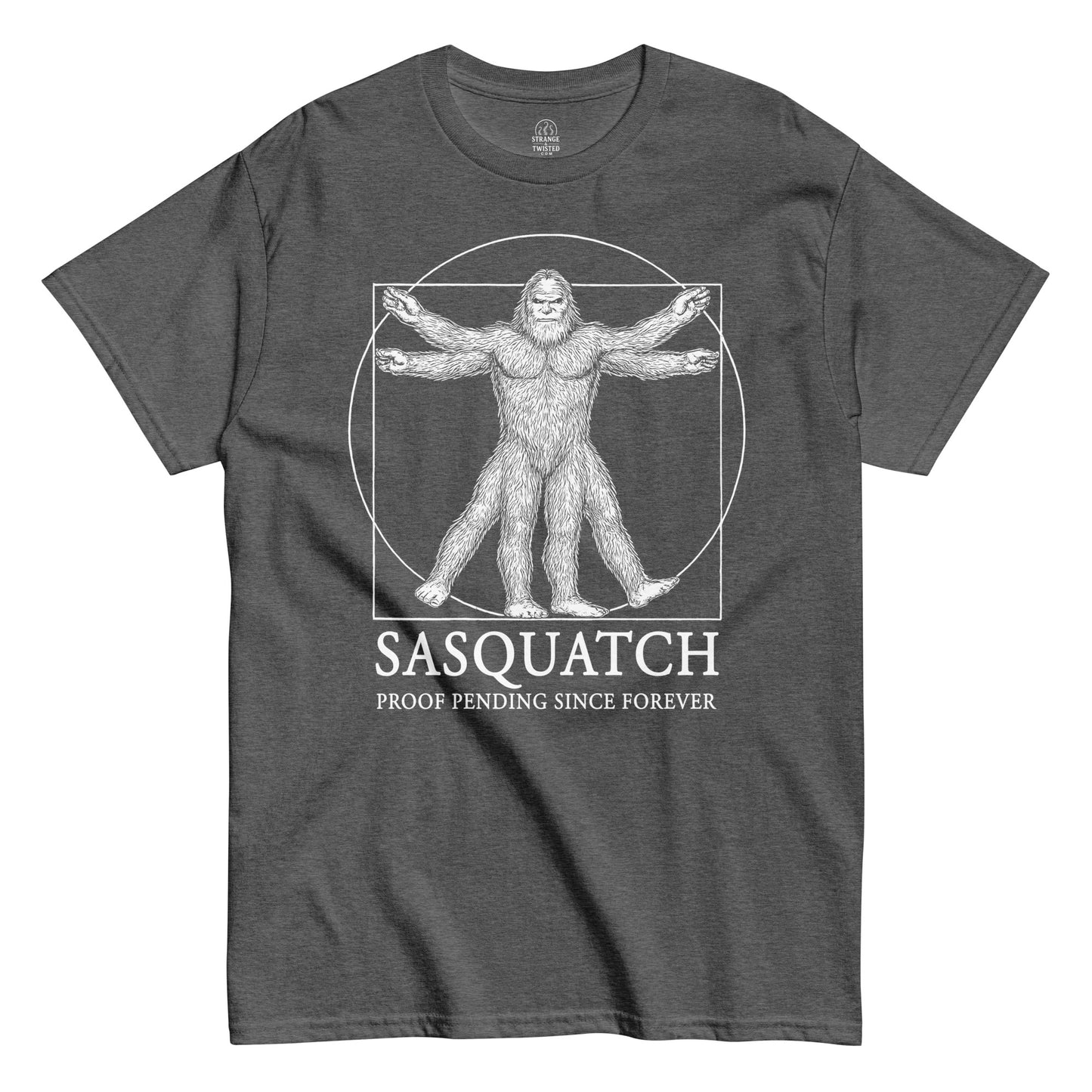 Front view grey Sasquatch Vitruvian Man T-Shirt cryptid design Strange & Twisted