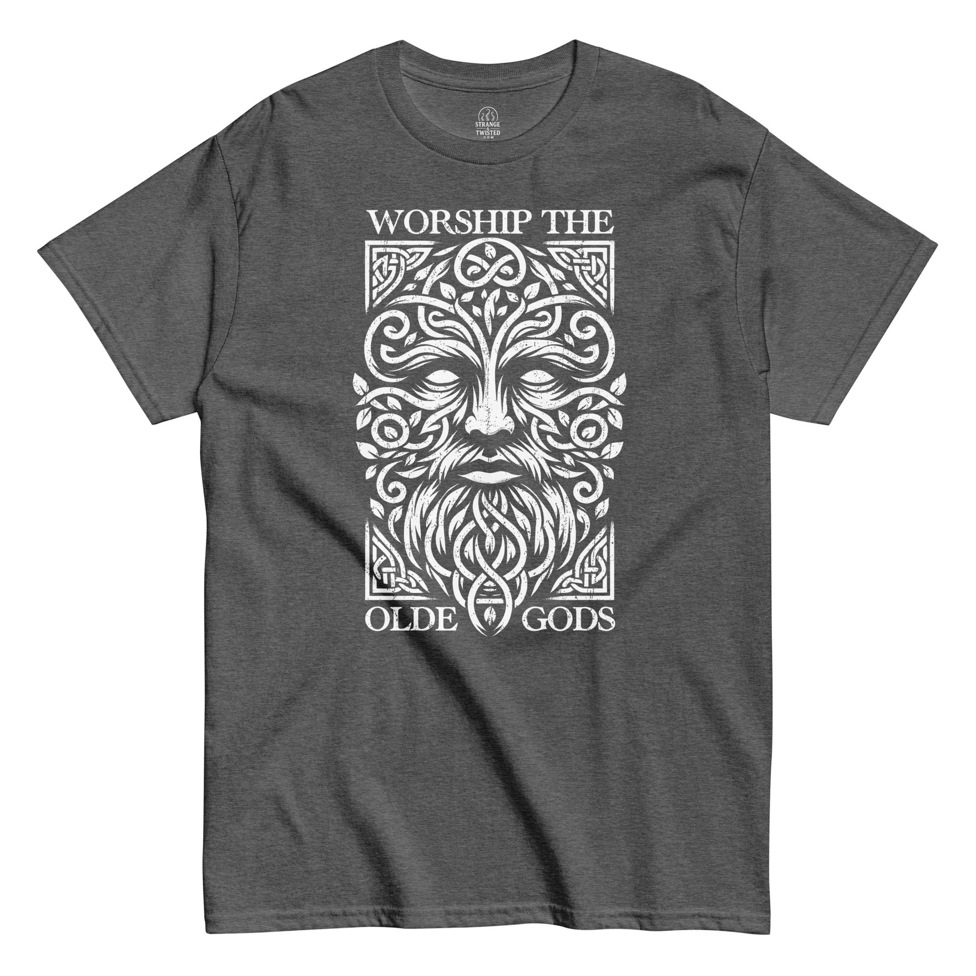 Front of grey Old Gods worship shirt, pagan Green Man folklore T-shirt